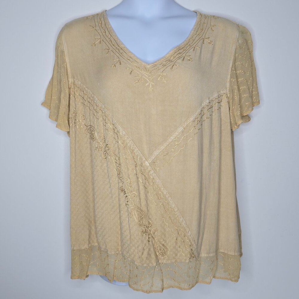 Catherines Womens Blouse Top Shirt 3X Lace Trim Sleeves Embroidered Flowy Boho